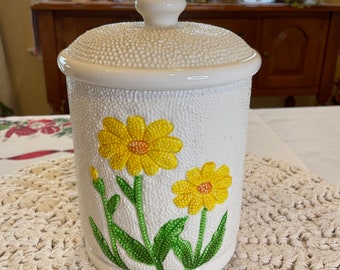 Vintage Otagiri Daisy  Flower Texture  Medium Canister, Japan Made Kitchen Decor, Collecting Vintage Canisters