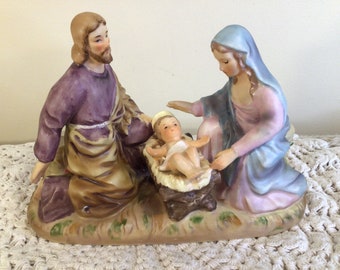 Bougeoir de la Nativité vintage en porcelaine de Lefton : figurine de Joseph, Marie et Jésus