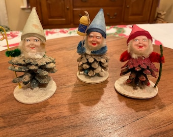 Vintage set of Three  Christmas Pinecone Elf Gnome Collectables, Sparkle German Made Vintage Elf’s, Rare Collectable