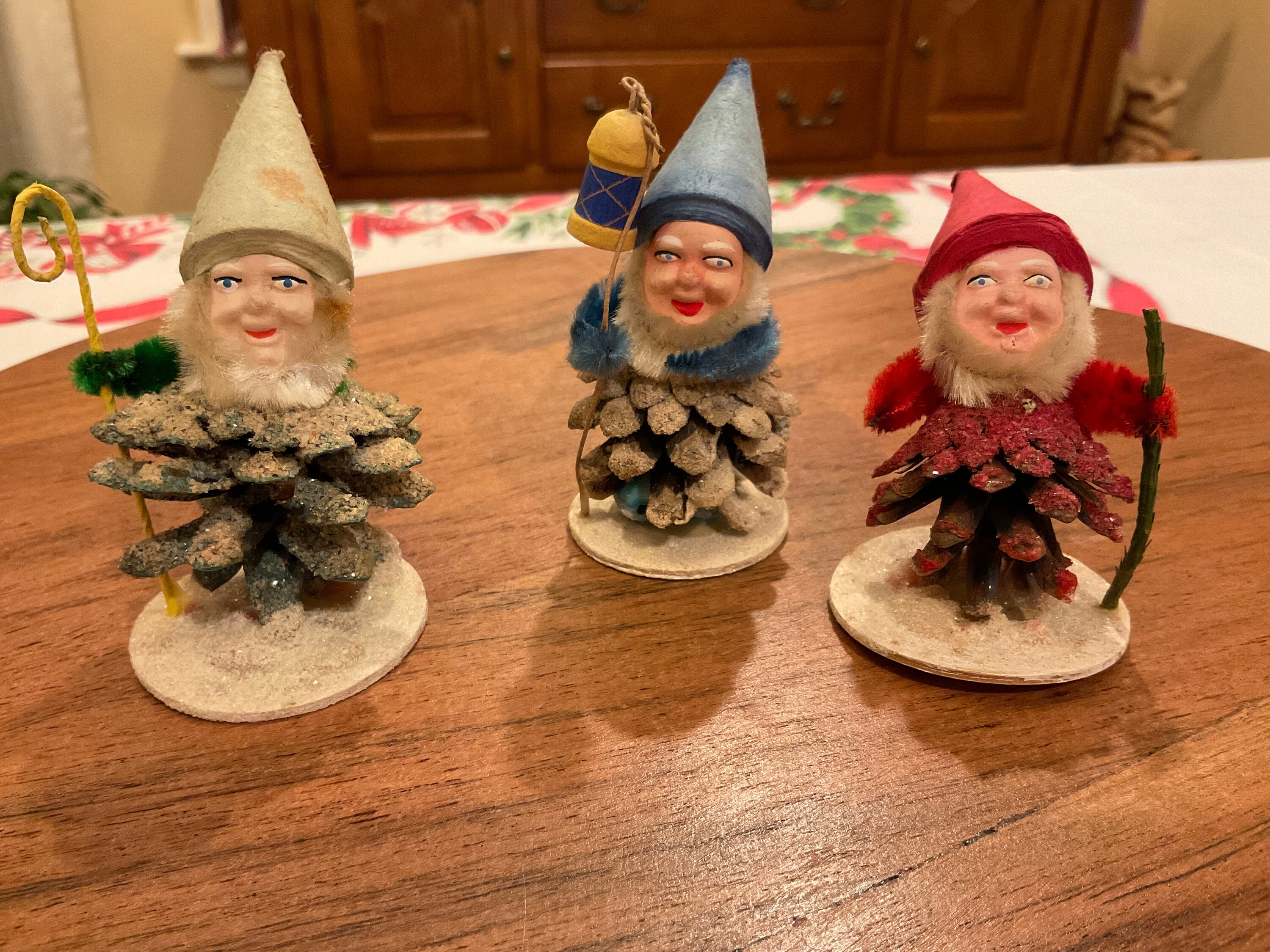 Vintage Set of Three Christmas Pinecone Elf Gnome Collectables 
