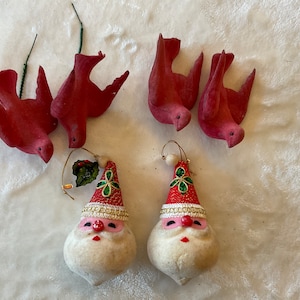 Vintage Lot of Flocked Santa’s and Flocked Red Doves, Christmas Crafting Supplies, Collecting Vintage Christmas