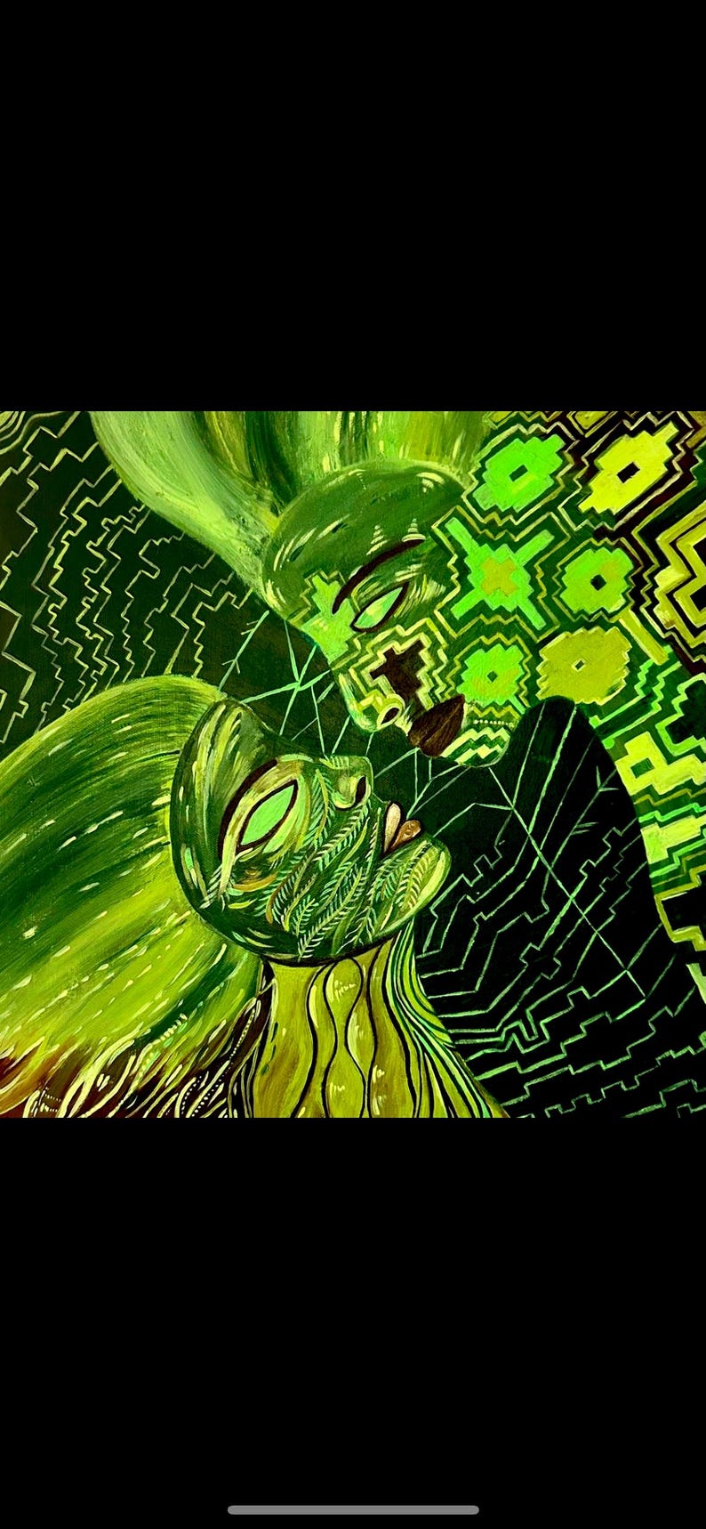 May include: An abstract painting featuring two figures in shades of green. The figures have stylized faces and are set against a dark background with geometric patterns. The artwork uses a vibrant color palette and bold lines.