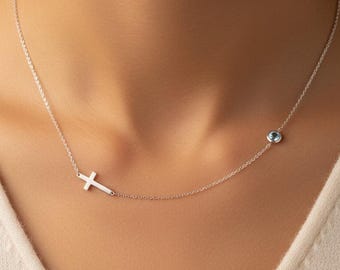 14K Gold  Personalized Birthstone Sideways Cross Necklace – Dainty Minimalist Jewelry Gift for Her