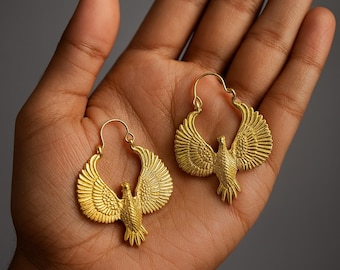 Handcrafted Gold Bird Earrings, Boho Phoenix Wings, Brass Dangle Jewelry
