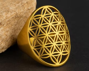 Handmade Brass Flower of Life Ring, Adjustable Boho Jewelry