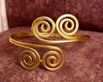 Handmade Brass Spiral Upper Arm Cuff – Adjustable Boho Jewelry