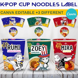 Pode incluir: Design gráfico com três rótulos de macarrão instantâneo K-Pop. Os rótulos são azuis, verdes e vermelhos, cada um com uma ilustração de personagem única e um nome de sabor: Rumi, Zoey e Mira. O texto "CANVA EDITABLE +3 DIFFERENT" também é visível.