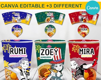 Kpop Demon Hunters Cup Noodle Labels Ramyeon, Cosplay Party Huntrix Ramen, Rumi Mira Zoey, Kpop party, Printable pack, Canva Template