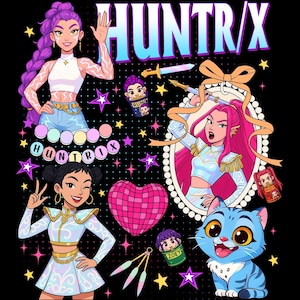 Puede incluir: Un diseño gráfico colorido con personajes de dibujos animados, estrellas y el texto "HUNTR/X" sobre un fondo negro. El diseño incluye un gato azul, un corazón de bola de discoteca y varios personajes femeninos con peinados y atuendos únicos.