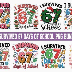 Puede incluir: Un conjunto de diseños digitales coloridos con la frase "I Survived 67 Days of School". Los diseños incluyen ilustraciones de lápices, conos de helado y elementos festivos. También está presente el texto "Funny I Survived 67 Days of School PNG Bundle".