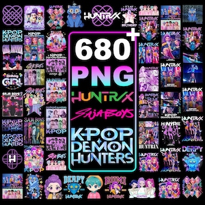 Könnte beinhalten: Eine Sammlung von K-Pop-Themen-PNG-Grafiken mit verschiedenen Designs mit Text wie "K-Pop Demon Hunters", "Saja Boys" und "Huntrax". Das Bild zeigt eine Vielzahl von farbenfrohen Illustrationen und Charakterdesigns, wobei die Zahl "680" prominent dargestellt wird.