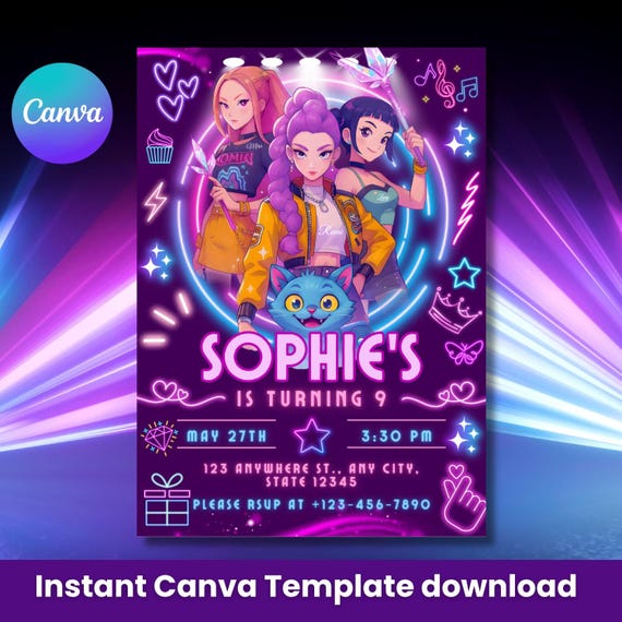 Birthday Invitation Girl Kpop Demon Hunters - Editable Canva Template - K-pop Golden - Printable Birthday Invitation Party Invite Digital