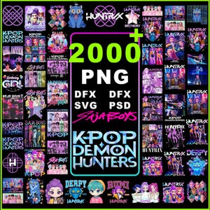 Peut inclure: Une collection de graphiques numériques sur le thème de la K-Pop, comprenant des images de groupes, de personnages et de logos. L'image présente le texte "2000 PNG" et des options de type de fichier comme DFX, SVG et PSD. Le design est vif et coloré.