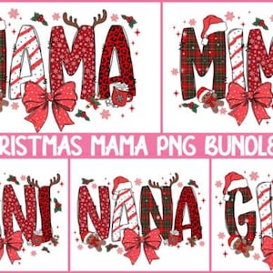 Puede incluir: Un conjunto de gráficos navideños con las palabras "MAMA", "MIMI", "MINI", "NANA" y "GIGI". Cada palabra está decorada con patrones festivos como cuadros escoceses, copos de nieve y estampado de leopardo, e incluye un gorro de Papá Noel, un lazo y un hombre de jengibre.