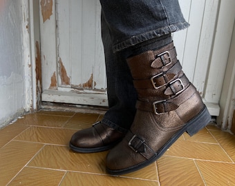 Vintage Jimmy Choo Bronze Leather Buckle Ankle Boots – Made in Italy, EU 38