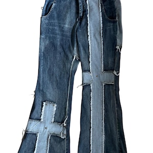 Zeldzame Y2K-uitlopende denimjeans met patchwork en kruisdetail hoge taille