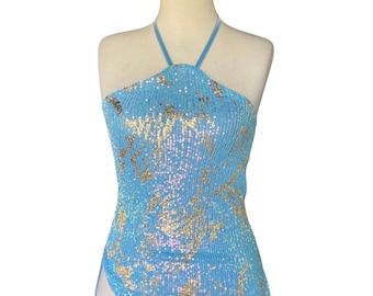 Blue Sequin Halter Top | Handmade Y2K Festival Top | Asymmetrical Sparkly Top
