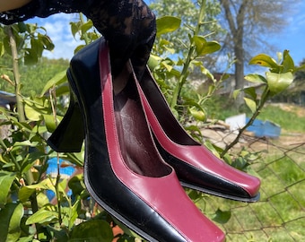 Vintage Italian Leather Pumps – Burgundy Black Square Toe Heels (EU 36)