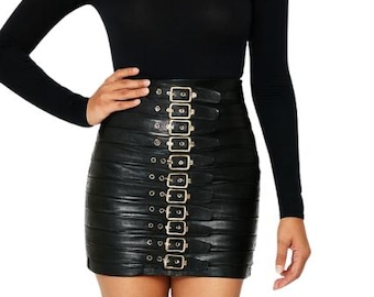 Falda elegante de cuero genuino para mujer – Cintura alta, acabado suave, estilo casual y elegante para fiestas.
