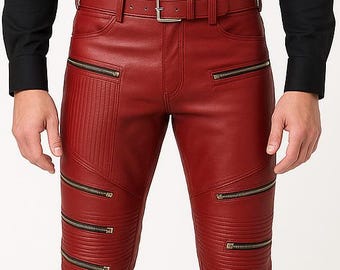Men's Quilted Red Leather Pants – Biker Zipper Style Trousers | Original Cowhide