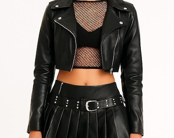 Falda corta elegante de piel auténtica negra para mujer – Acabado suave, estilosa para ocasiones informales y fiestas