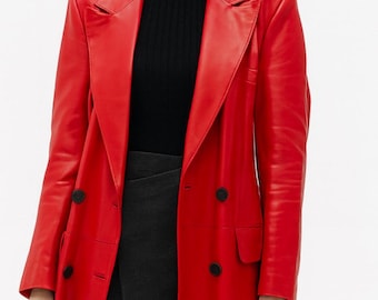 Women's Red Genuine Leather Long Trench Coat – Fit & Flare Gothic Style