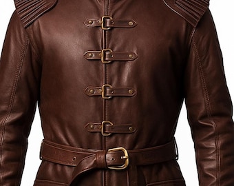 Handcrafted Brown Leather Trench Coat - Medieval Cosplay Outfit