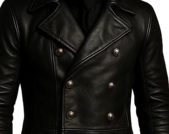 Men's Button Up Chester - Genuine Black Cowhide Leather Coat | Windbreaker Jacket | Double Press Coat