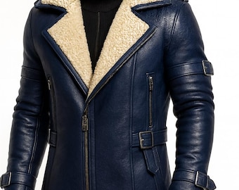 Men's Shearling Long Coat - Genuine Cow Plain Leather - Synthetic Fur Long Jacket - Windbreaker Coat -