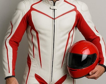 Men’s White Leather Motorcycle Suit – Red Piping, Racing Biker Outfit | Custom Measurements