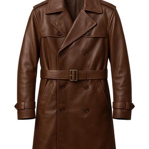 May include: A brown leather trench coat with a double-breasted design, a belt, and a classic collar. The coat is hanging on a wooden hanger. The coat has a length of approximately 45 inches.