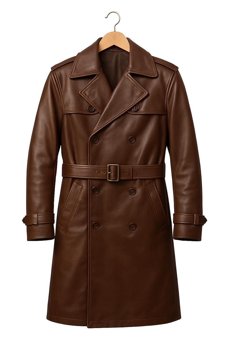May include: A brown leather trench coat with a double-breasted design, a belt, and a classic collar. The coat is hanging on a wooden hanger. The coat has a length of approximately 45 inches.