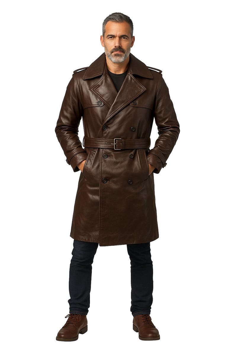 May include: A brown leather trench coat with a double-breasted design, a belt, and a notched collar. The coat is knee-length and worn with dark blue jeans and brown leather shoes.