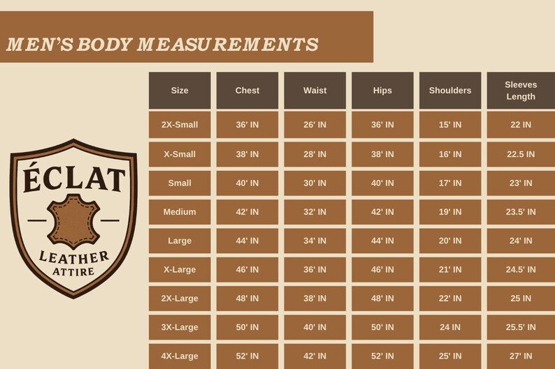 May include: A brown and cream sizing chart titled BODY MEASUREMENTS featuring the &Eacute;CLAT LEATHER ATTIRE logo. The table lists sizes from 2X-Small to 4X-Large with corresponding chest, waist, hips, shoulders, and sleeve length measurements in inches.