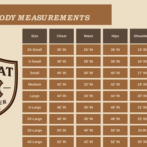 May include: A tan chart with the text "MEN'S BODY MEASUREMENTS" and a logo for &Eacute;CLAT LEATHER ATTIRE. The chart lists sizes from 2X-Small to 4X-Large, with chest measurements from 36" to 52", and sleeve lengths from 22" to 27".