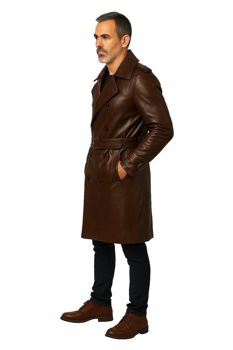 May include: A brown leather trench coat with a double-breasted design and a belt at the waist. The coat features a classic collar and button closures. The model is wearing black jeans and brown leather boots.