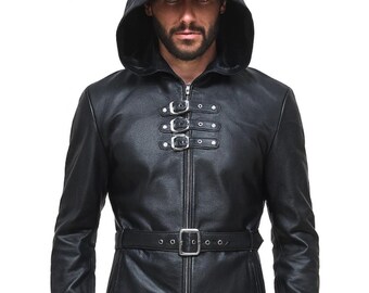 Men's Genuine Leather Long Trench Coat: Street Fashion Hoodie Style Costume