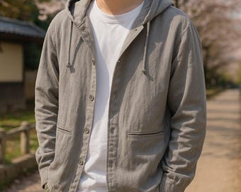 Veste à capuche japonaise en coton et lin pour hommes, vêtements d'extérieur vintage légers printemps automne