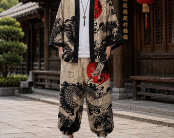 Japanese Dragon Haori Kimono, Men's Samurai Cardigan, Anime Dragon Yukata, Japanese Streetwear Robe, Cosplay Festival Kimono Jacket