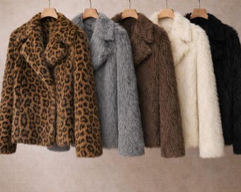 Women's Leopard Print Faux Fur Jacket - Plush, Cozy Winter Coat