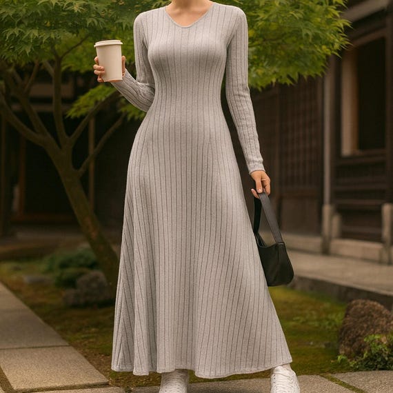 Women's Long Knit Dress - Vintage Summer Underdress, Soft Ribbed Maxi Dress for Layering or Daily Wear