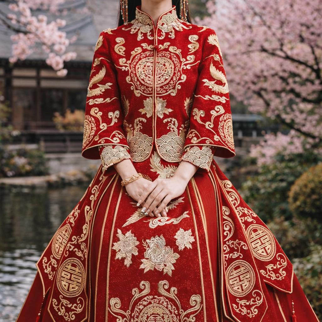 asian dress dresses DreamDress By PMN Kenzell Cheongsam Inspired Ao Dai Wedding Gown Cream Illusion Back Dress Red Pants | Size: 14 You can have all the red and gold your hearts desire with this romantic Modern Chinese dress, Evening Dresses,