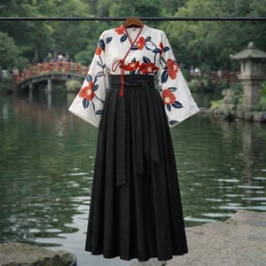 Conjunto de kimono de algodón con estampado floral Sakura y chaqueta japonesa de manga larga