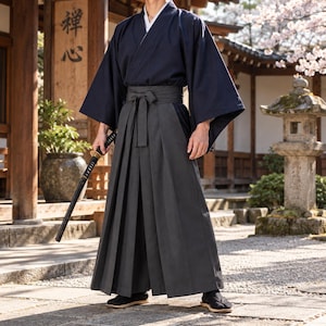 May include: A dark navy blue kimono top paired with charcoal gray pleated hakama trousers featuring a wide waist tie. The garment is worn with black split-toe tabi socks and black sandals, while a black katana sword is held in one hand.