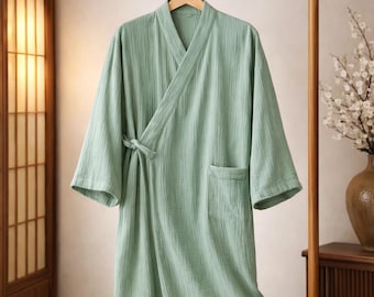 Men’s Cotton Kimono Robe – Japanese Yukata Loungewear, Lightweight Kimono Jacket, Relaxing Spa Gift