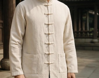 Chemise de costume homme lin, col mao, haut boutonné grenouille