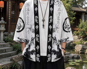 Men's Dragon Haori Kimono Jacket, Black White Ink Wash Print Cardigan