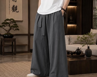 Pantalon japonais à jambes larges pour homme, style hakama, coupe ample, style streetwear en lin mélangé