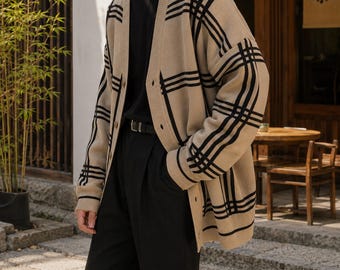 Men's Plaid Cardigan Sweater, Korean Fashion Knit Jacket, Oversized V Neck Cardigan, Casual Button Up Sweater, Vintage Streetwear Coat