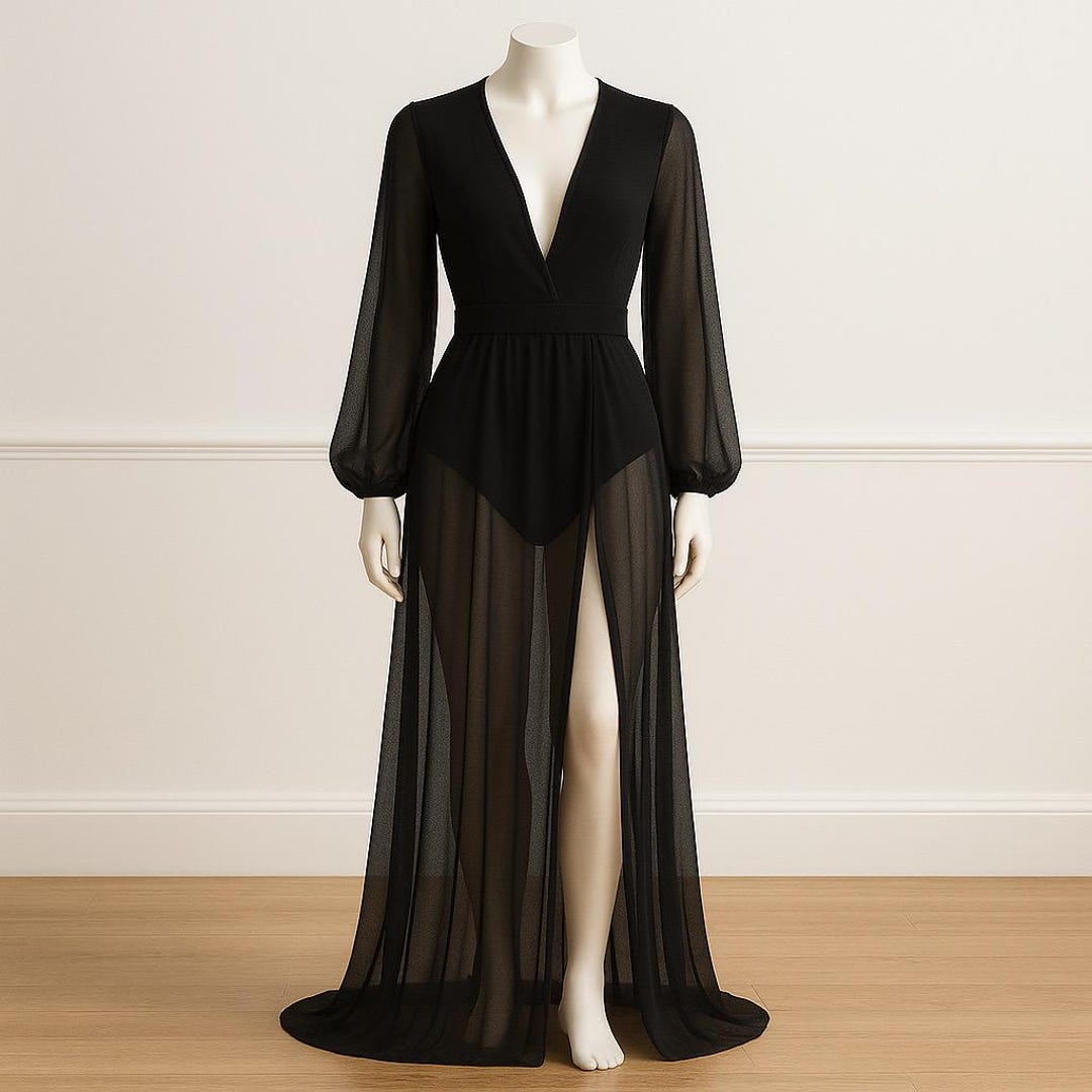 Black Chiffon Kimono Robe - Sheer Vintage Style Lingerie, Belted Gown ...